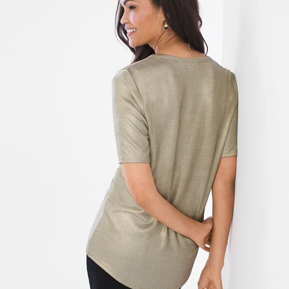 NWT Chicos Metallic Foil Tee Gold Green Sz 2P LP V Neck Elbow Short Sleeves Top - Picture 4 of 12